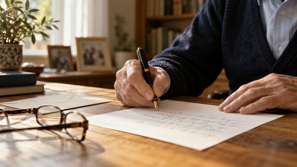 Una persona anziana scrive a mano su un foglio, con penna e occhiali sul tavolo.
