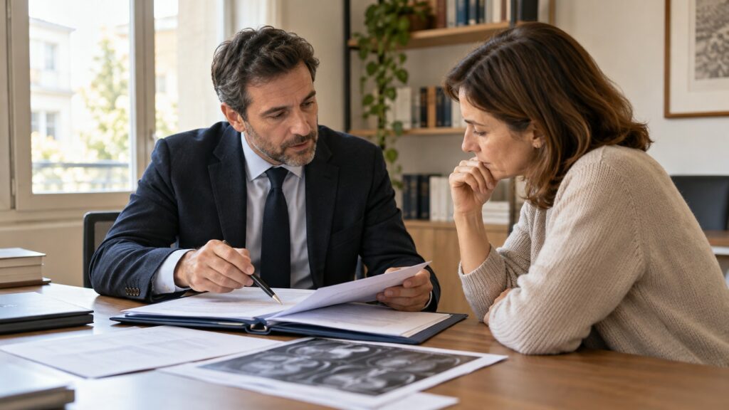 Una persona esamina documenti sanitari e immagini diagnostiche con un professionista.