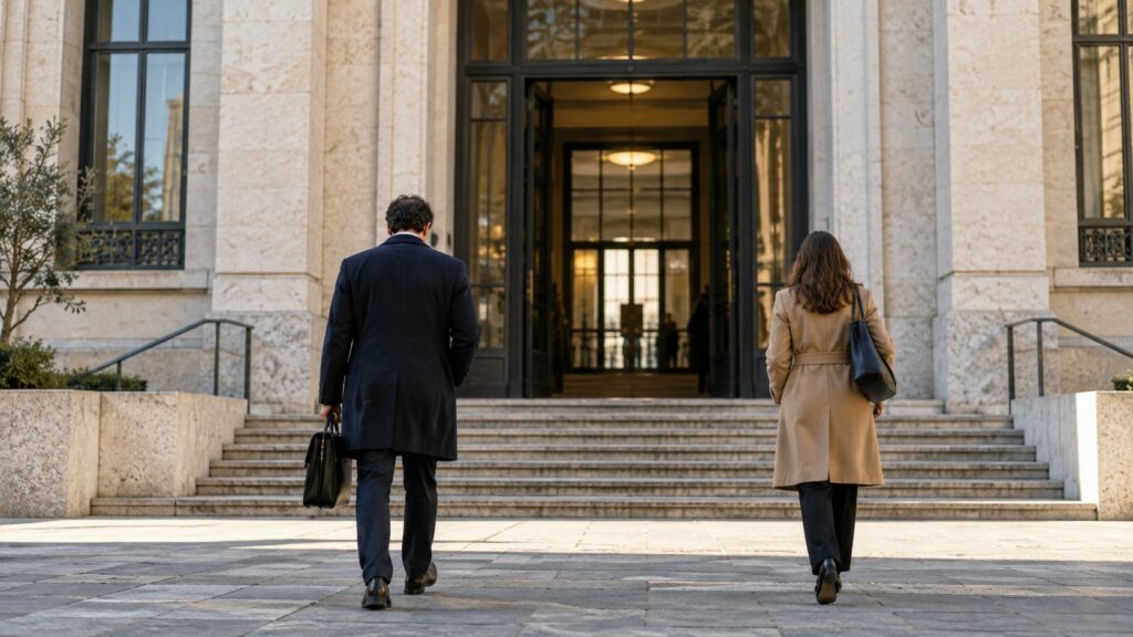 Due persone si dirigono verso l’ingresso di un edificio giudiziario.