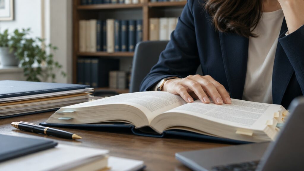 Una professionista consulta un volume giuridico con segnalibri e fascicoli.