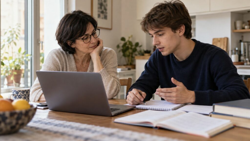 Una madre e il figlio adulto discutono di studio davanti a un computer e a un quaderno.