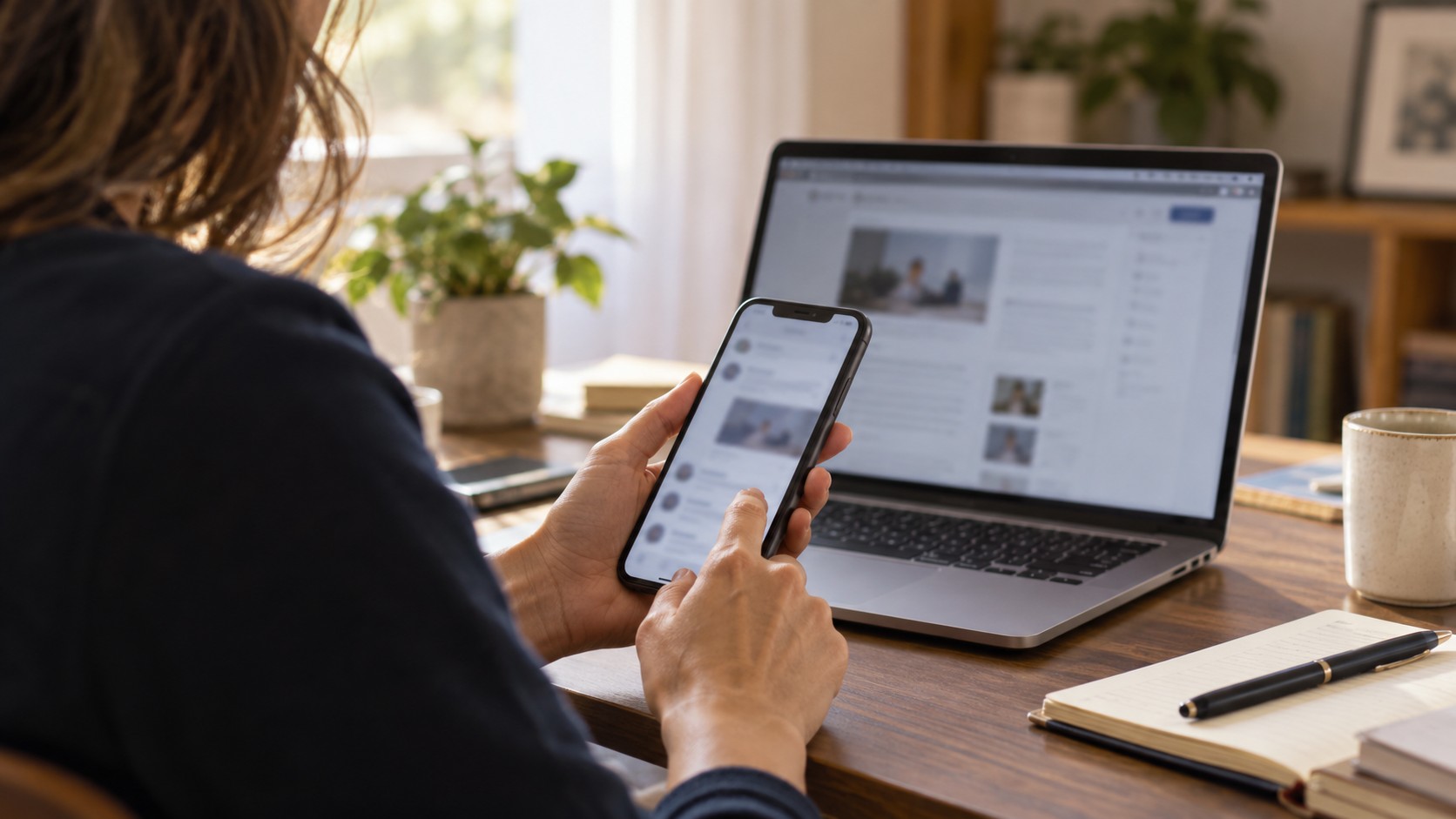 Persona consulta smartphone e computer per esaminare comunicazioni online.