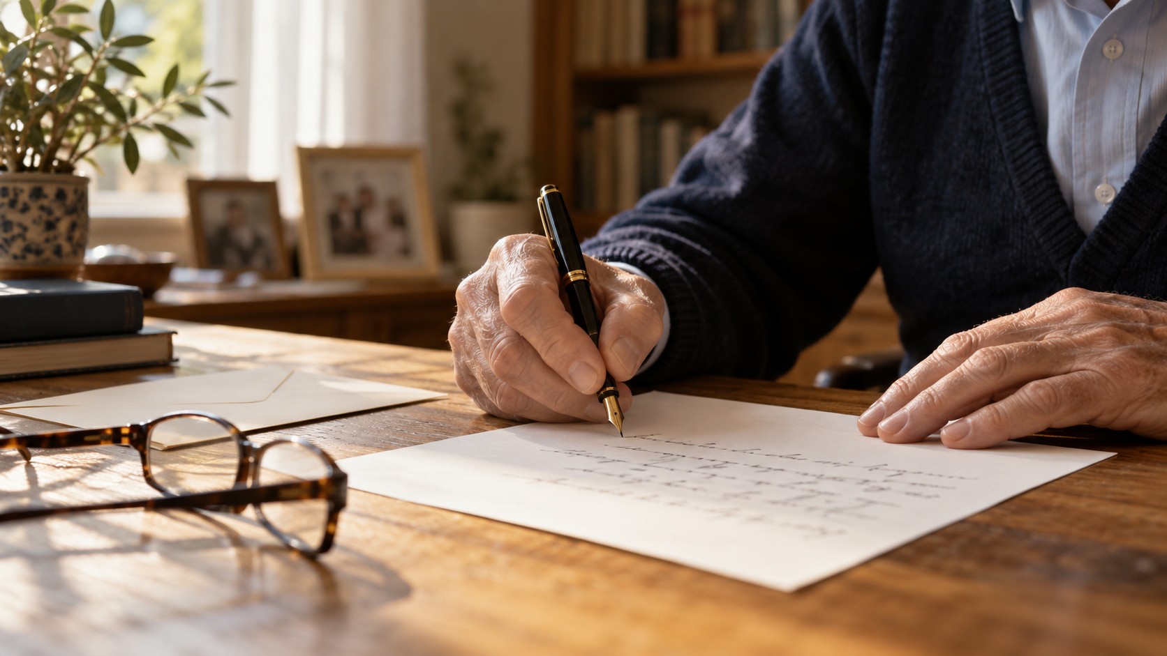 Una persona anziana scrive a mano su un foglio, con penna e occhiali sul tavolo.