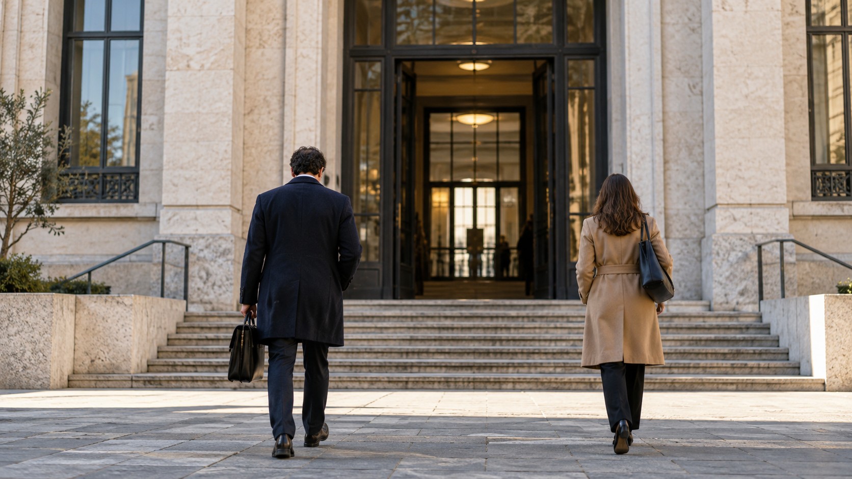 Due persone si dirigono verso l’ingresso di un edificio giudiziario.